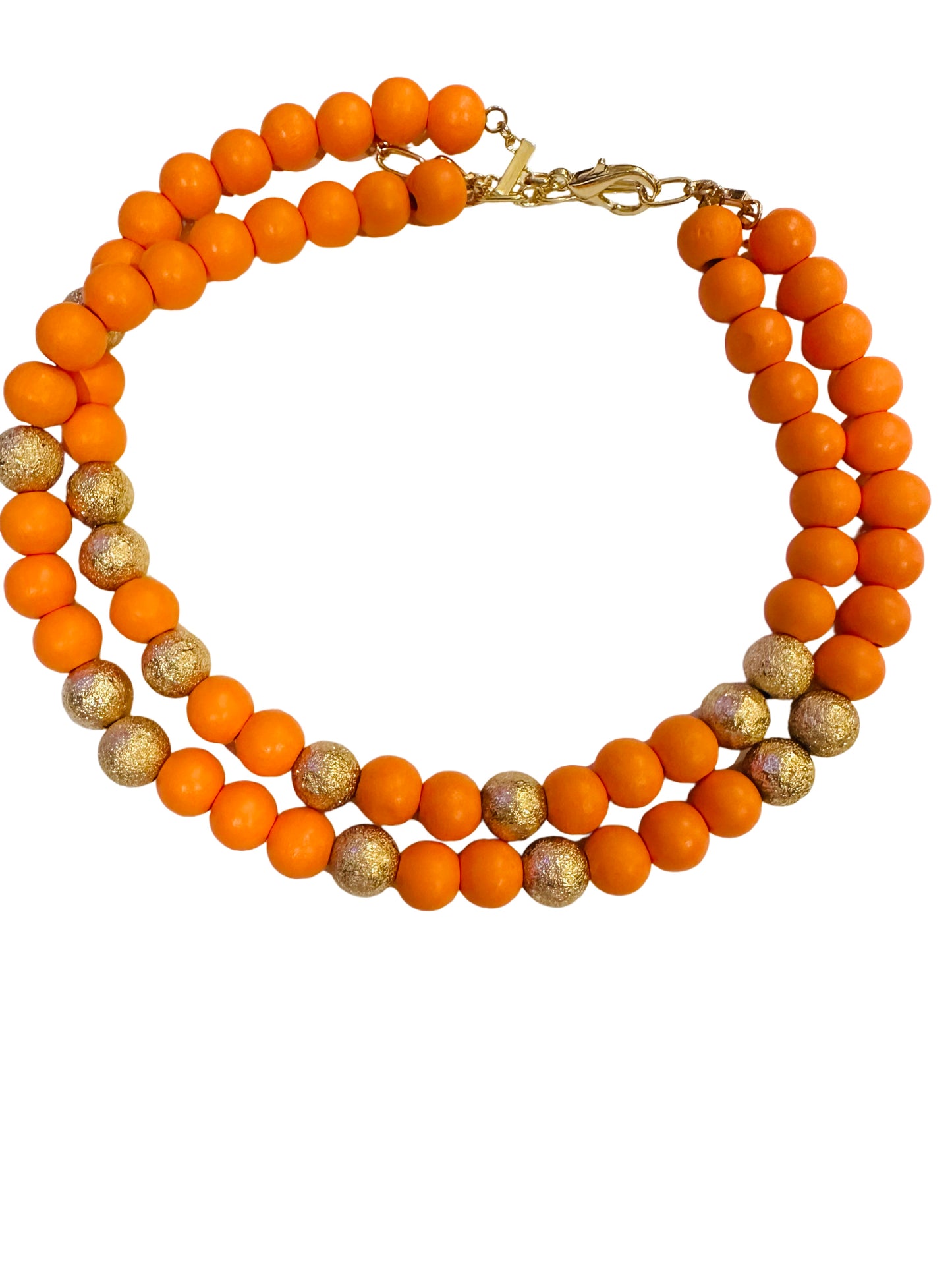 Orange & Gold Double Strand Wood Bead Necklace