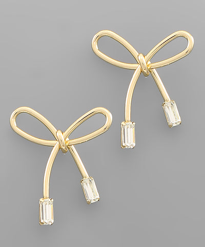 Gold Bow and Rhinestone Earrings