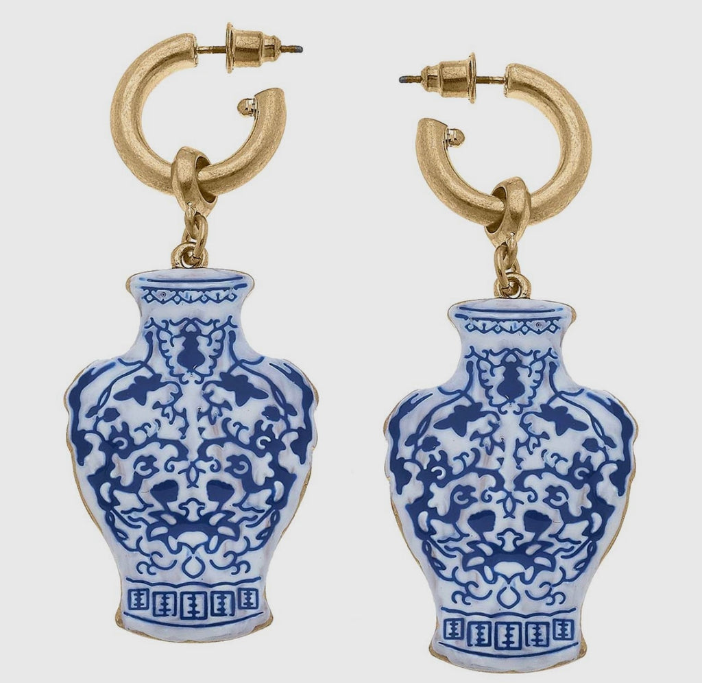 Chinoiserie Temple Jar Earrings in Blue & White