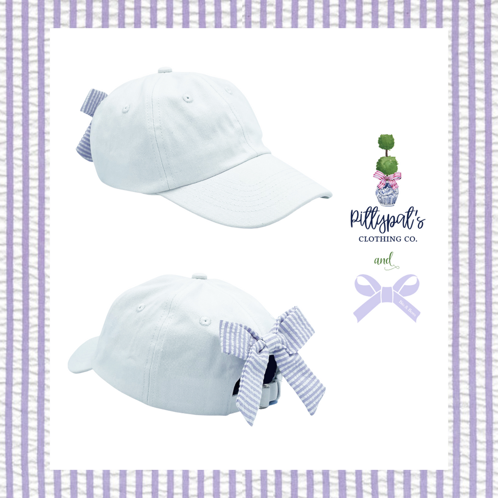 Bits & Bows Girls White Hat-Lavender Seersucker Bow