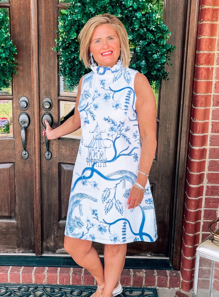 Caroline Dress - Blue and White Chinoiserie Tiger