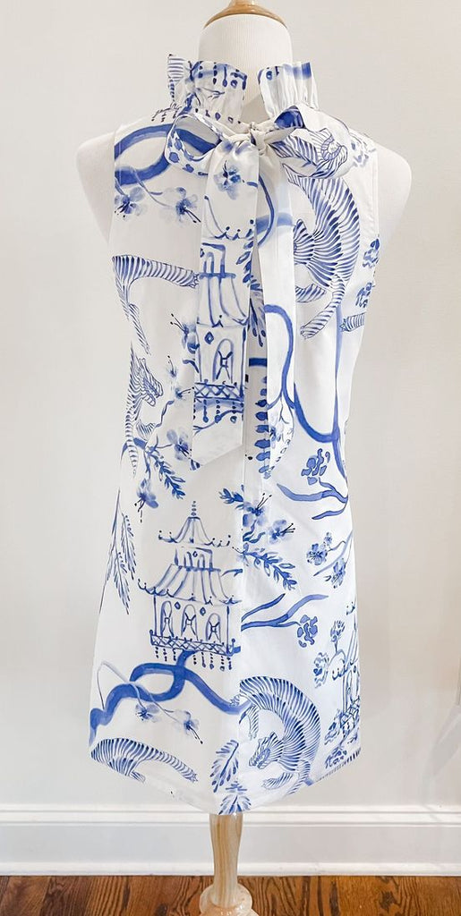 Caroline Dress - Blue and White Chinoiserie Tiger