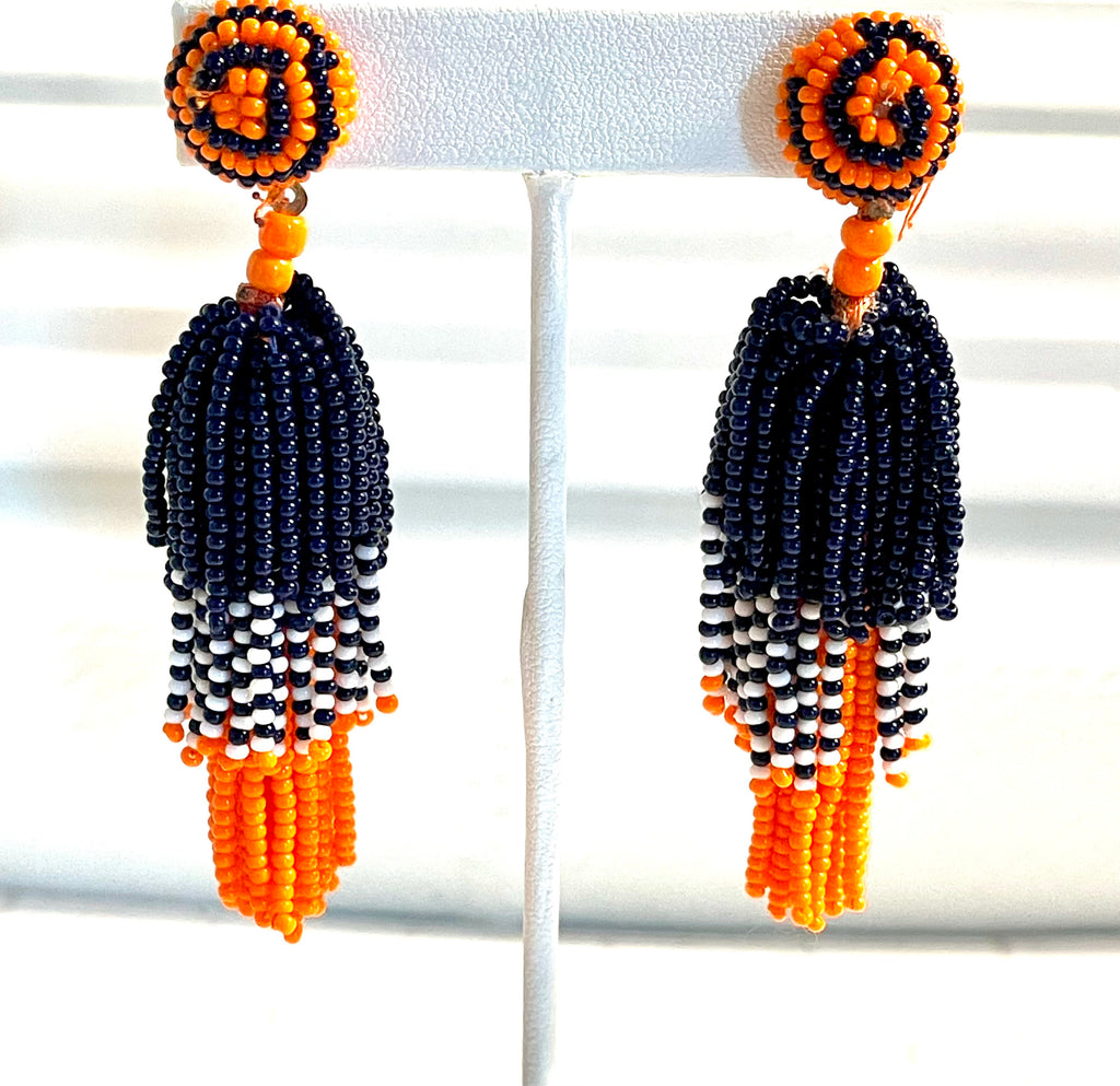 Beaded Orange & Navy Earrings